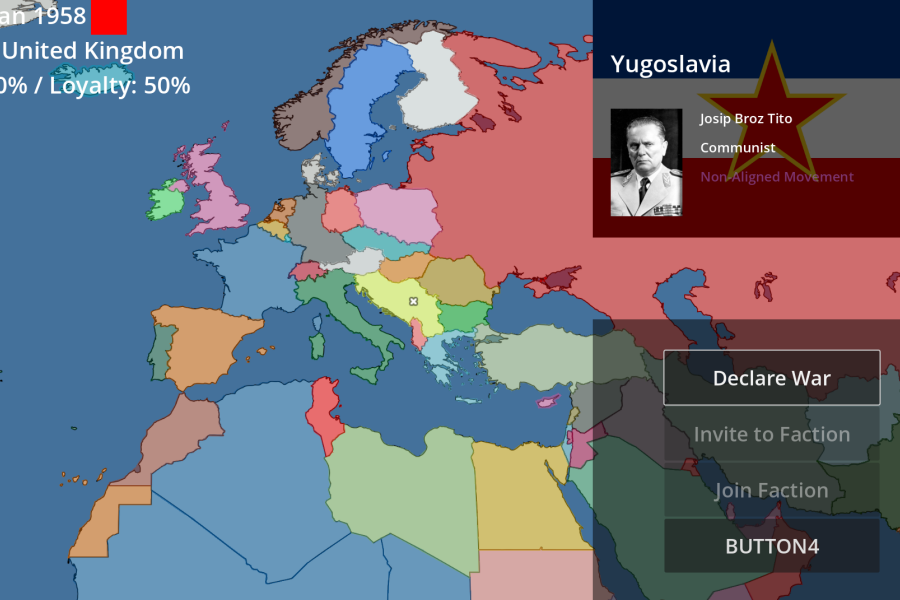 world map of 1958, with the nation of Yugoslavia selected. The portrait of the current leader, flag, and faction is shown